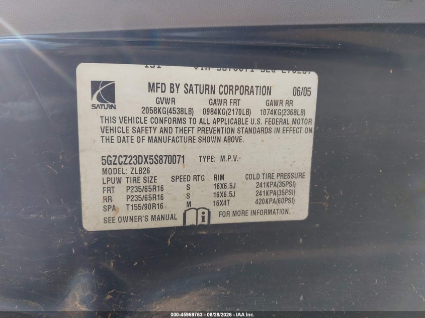 SATURN VUE 2005 VIN 5GZCZ23DX5S870071