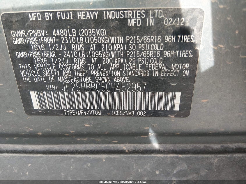 SUBARU FORESTER 2012 VIN JF2SHBBC5CH452957