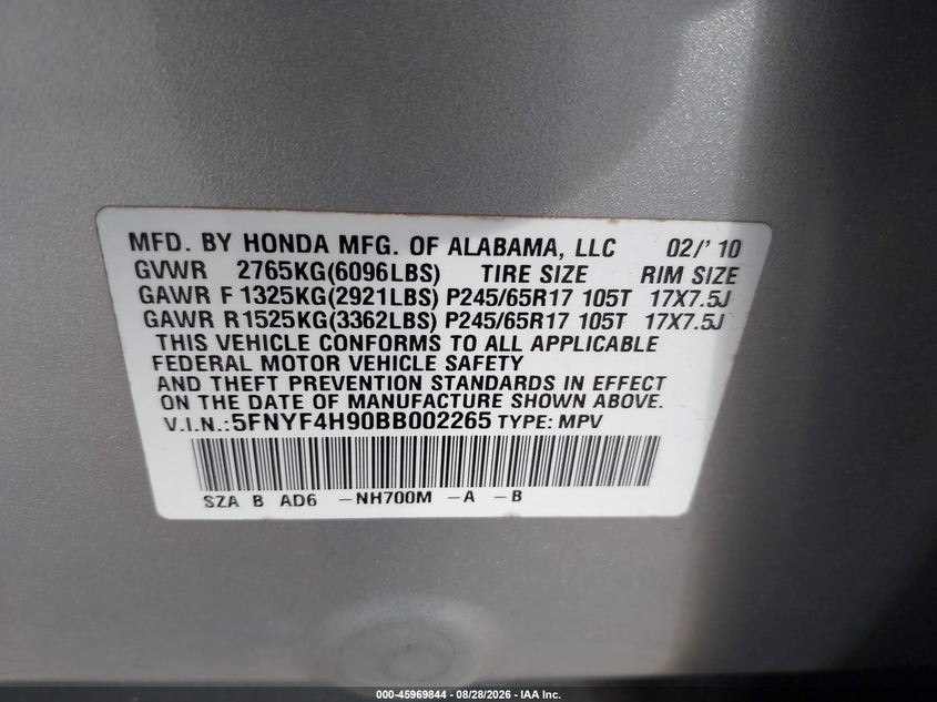 2011 HONDA PILOT SPORT UTILITY VEHICLE 3.5L V-6 VVT, 250HP