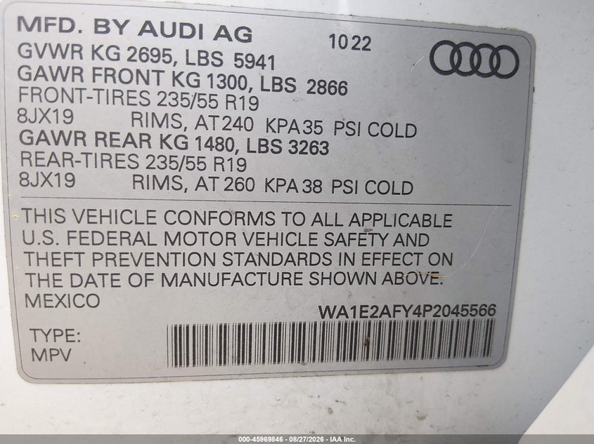 2023 AUDI Q5 SPORT UTILITY VEHICLE 2.0L I-4 DI, DOHC, VVT, TURBO, 248HP