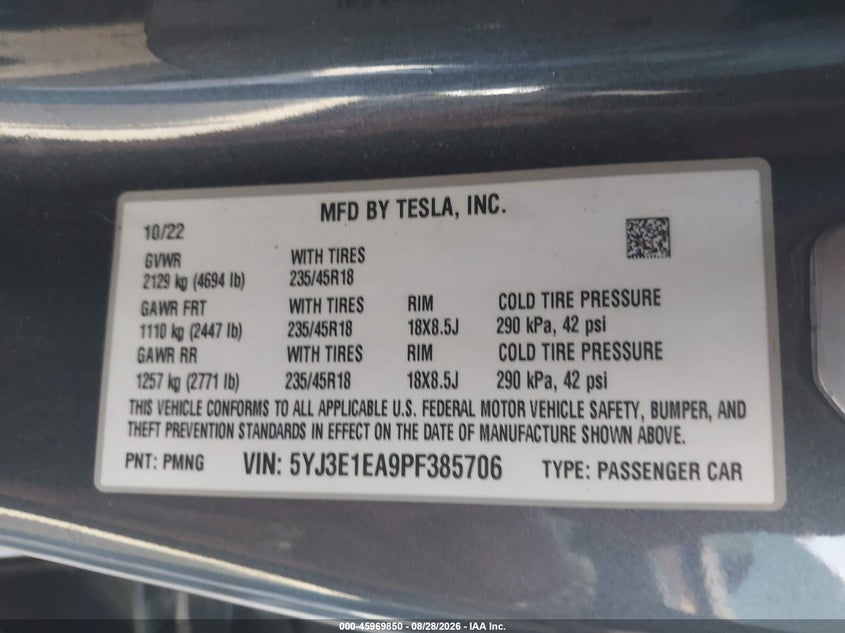 TESLA MODEL 3 2023 VIN 5YJ3E1EA9PF385706
