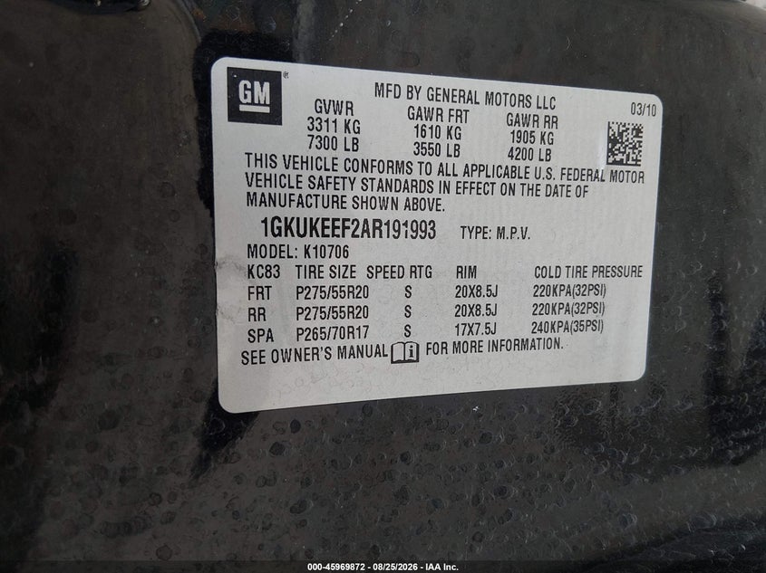 GMC YUKON 2010 VIN 1GKUKEEF2AR191993
