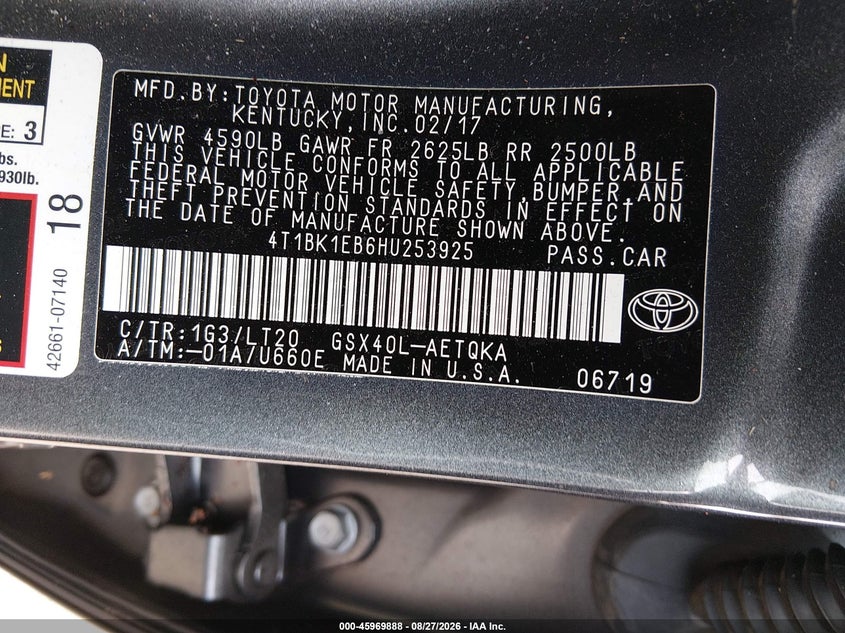 TOYOTA AVALON 2017 VIN 4T1BK1EB6HU253925