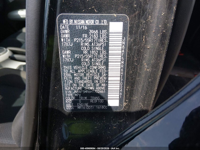 NISSAN JUKE 2017 VIN JN8AF5MR6HT702461