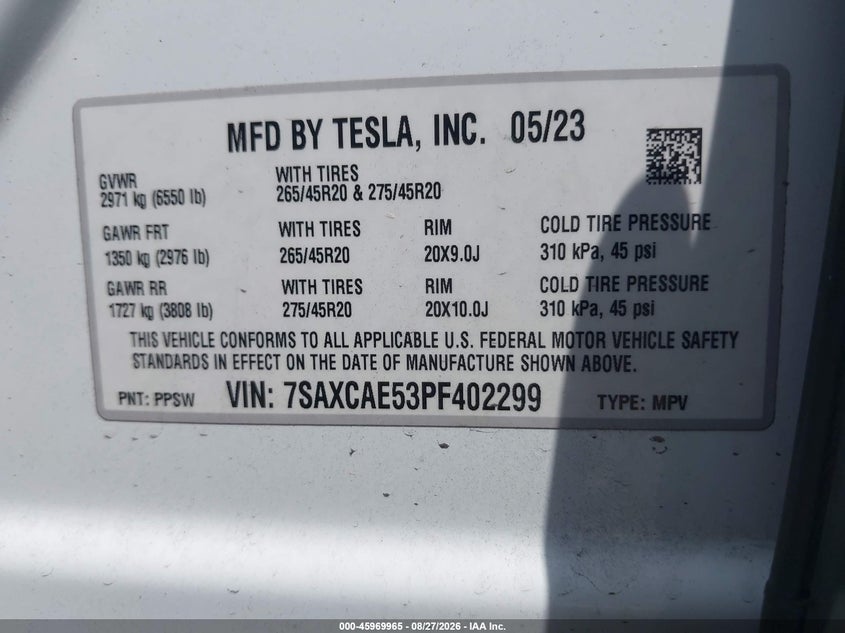 TESLA MODEL X 2023 VIN 7SAXCAE53PF402299