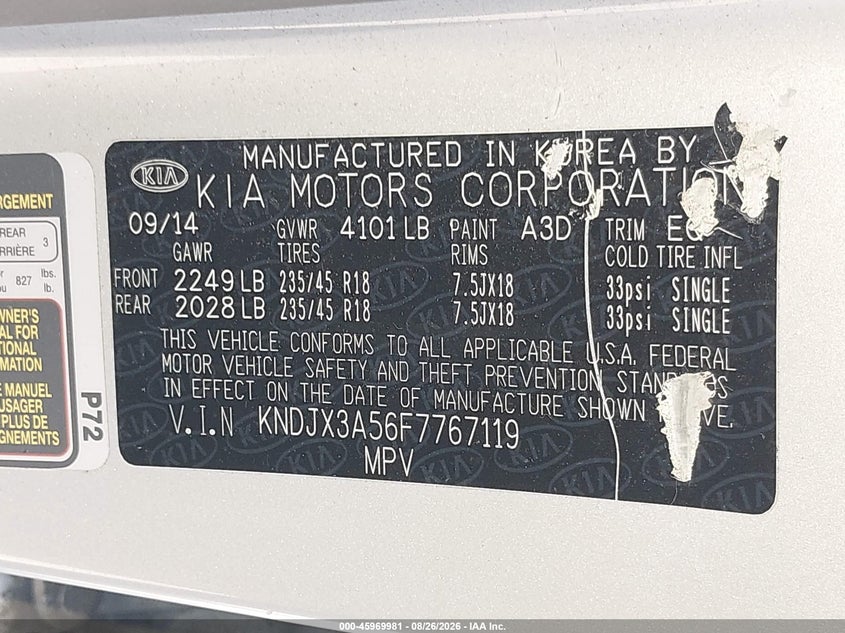 KIA SOUL 2015 VIN KNDJX3A56F7767119