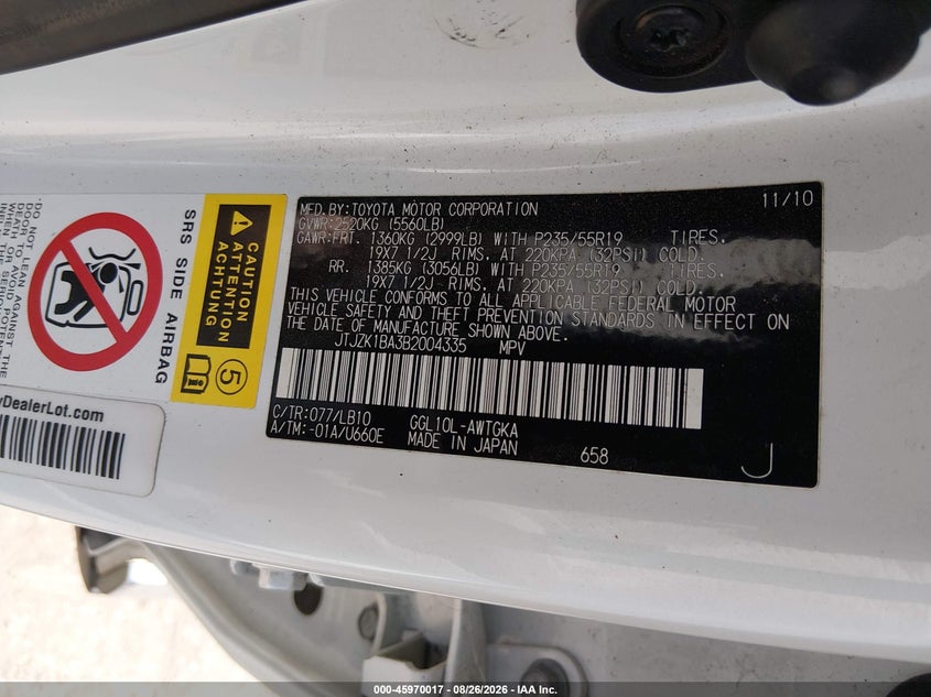 LEXUS RX 350 2011 VIN JTJZK1BA3B2004335