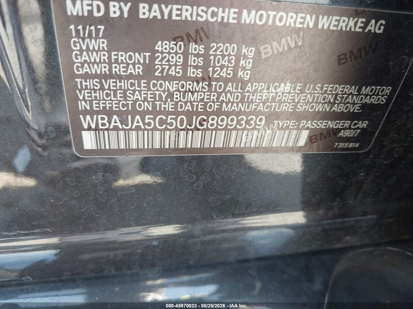 BMW 530I 2018 VIN WBAJA5C50JG899339