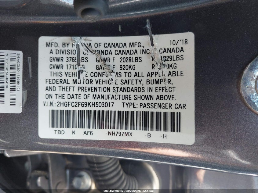2019 HONDA CIVIC SEDAN 2.0L I-4 DOHC, VVT, REGULAR , 158HP