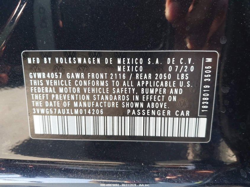 VOLKSWAGEN GOLF 2020 VIN 3VWG57AUXLM014206
