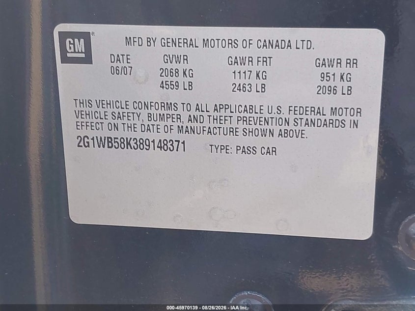 CHEVROLET IMPALA 2008 VIN 2G1WB58K389148371