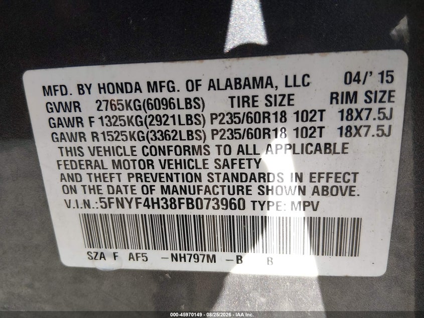 HONDA PILOT 2015 VIN 5FNYF4H38FB073960