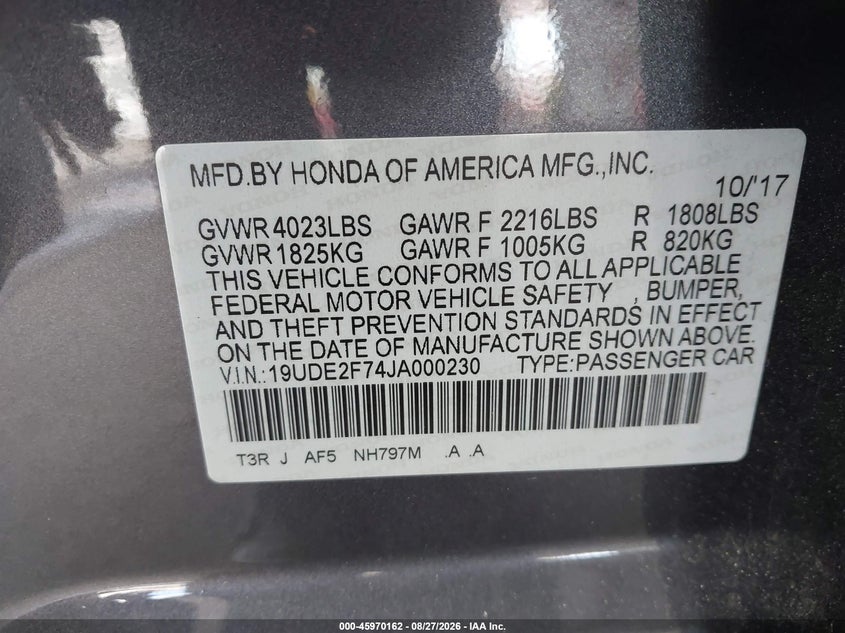 ACURA ILX 2018 VIN 19UDE2F74JA000230