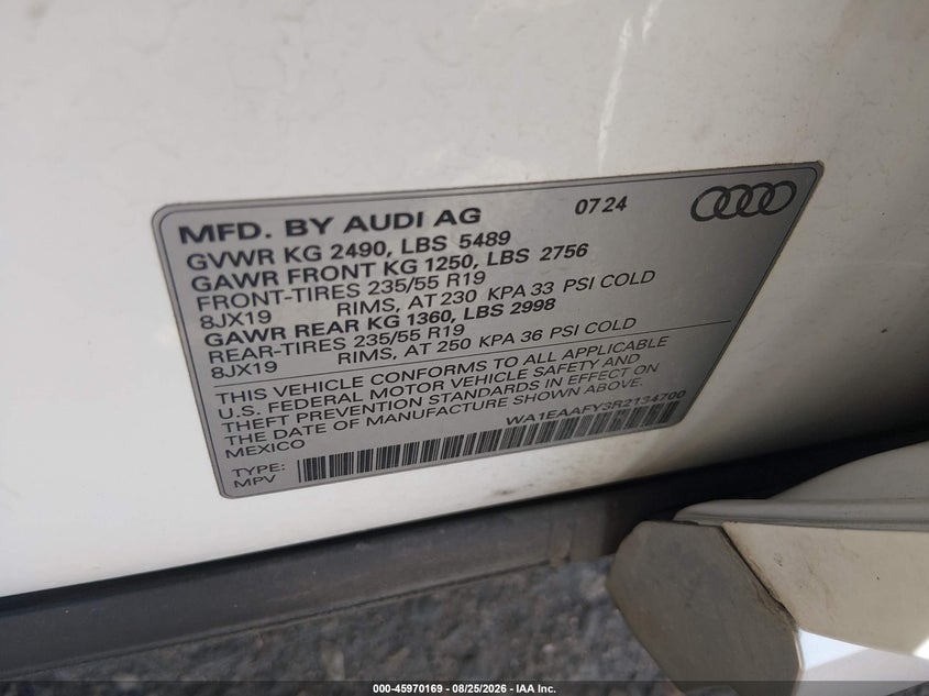 2024 AUDI Q5 SPORT UTILITY VEHICLE 2.0L I-4 DI, DOHC, VVT, TURBO, PREMIUM , 261HP