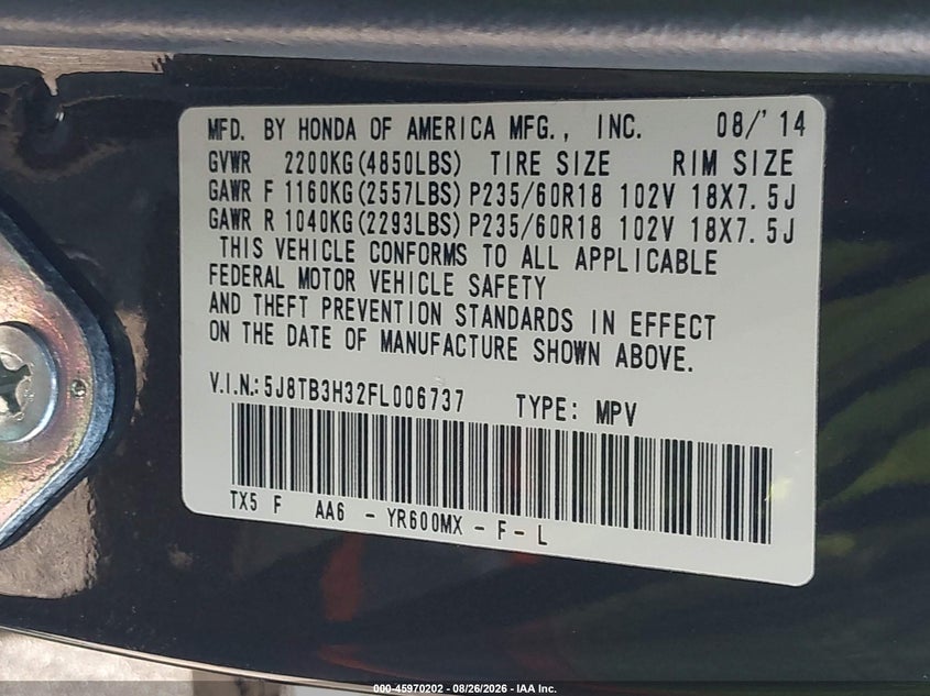 ACURA RDX 2015 VIN 5J8TB3H32FL006737