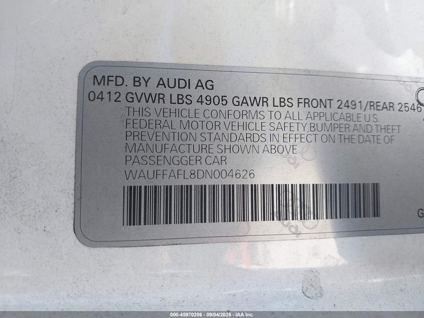 AUDI A4 2013 VIN WAUFFAFL8DN004626