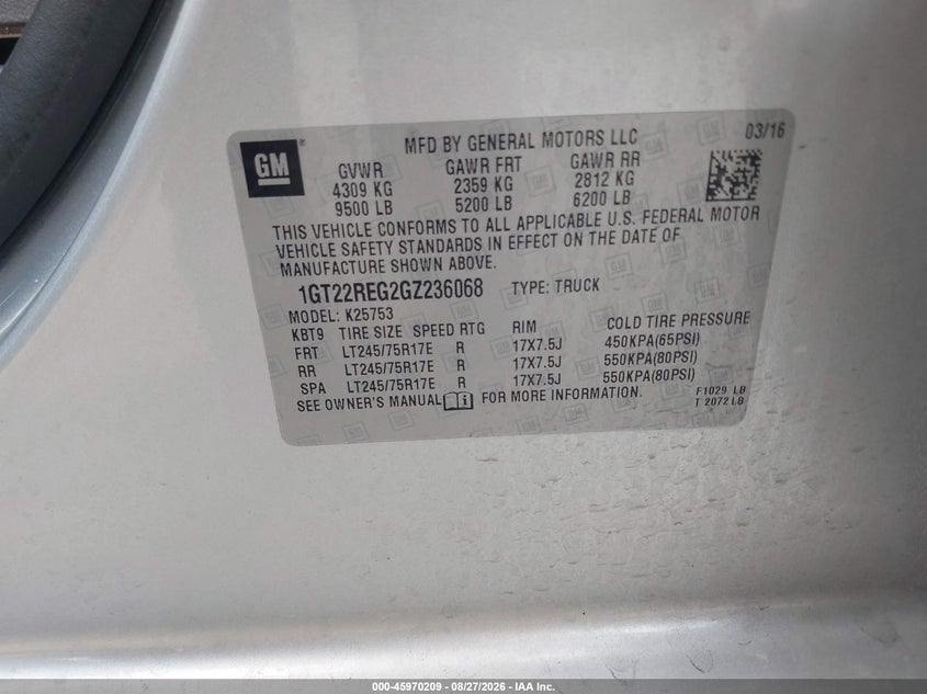 GMC SIERRA 2500HD 2016 VIN 1GT22REG2GZ236068