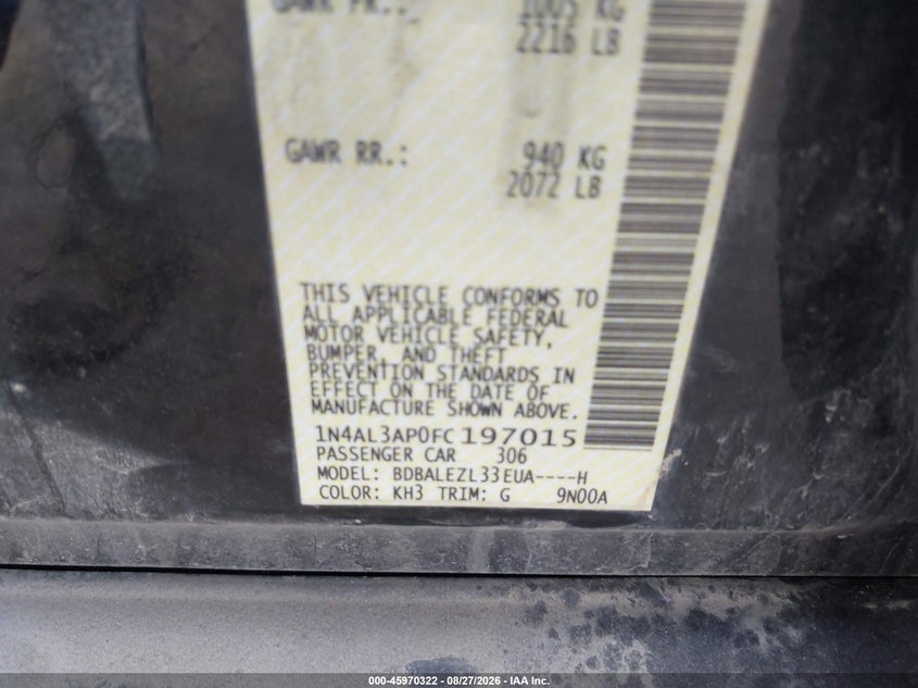 NISSAN ALTIMA 2015 VIN 1N4AL3AP0FC197015