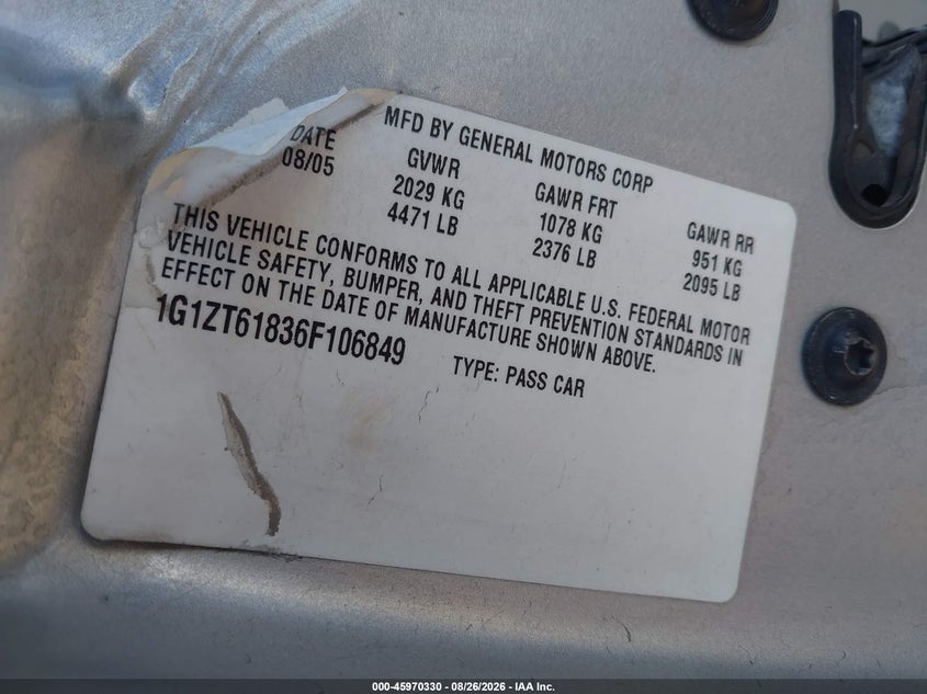 CHEVROLET MALIBU MAXX 2006 VIN 1G1ZT61836F106849
