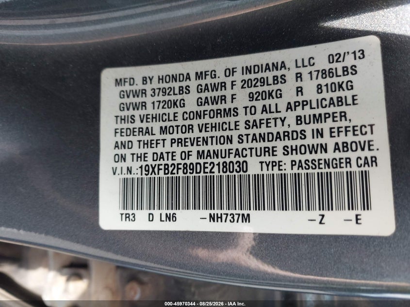 HONDA CIVIC 2013 VIN 19XFB2F89DE218030