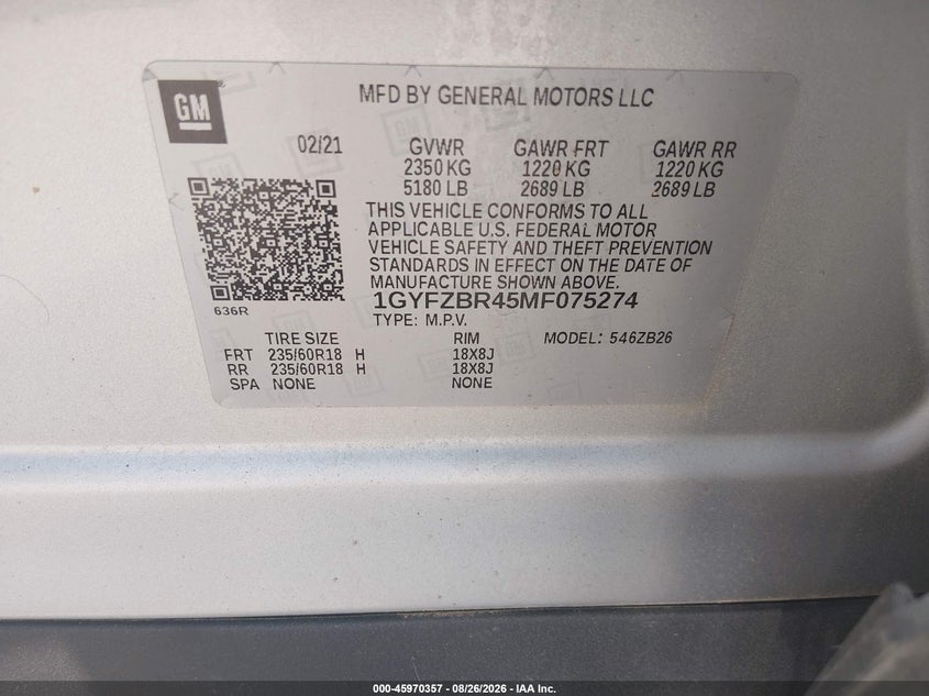CADILLAC XT4 2021 VIN 1GYFZBR45MF075274