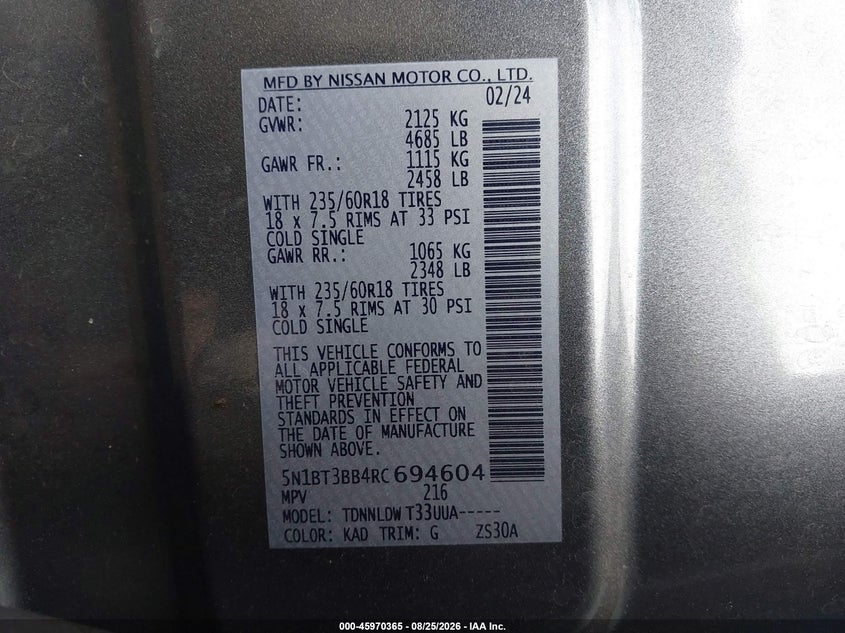 NISSAN ROGUE 2024 VIN 5N1BT3BB4RC694604