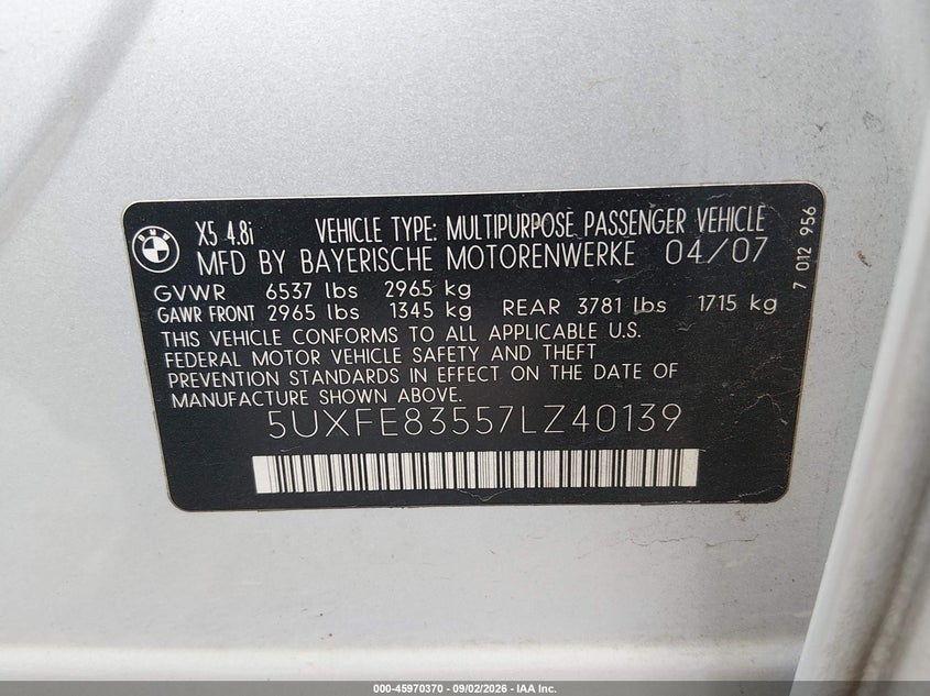 BMW X5 2007 VIN 5UXFE83557LZ40139