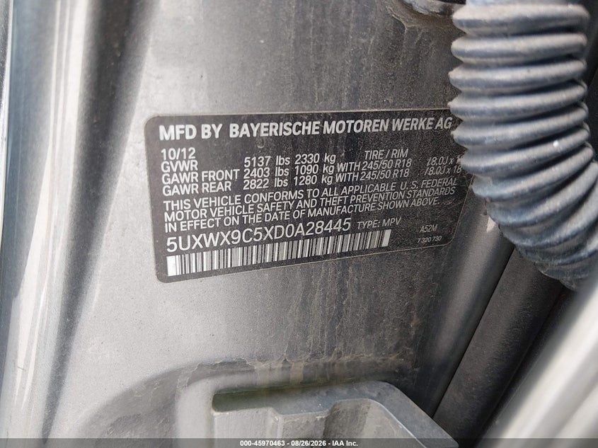 BMW X3 2013 VIN 5UXWX9C5XD0A28445