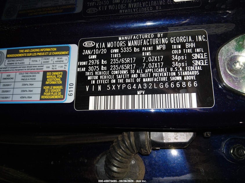 KIA SORENTO 2020 VIN 5XYPG4A32LG666866