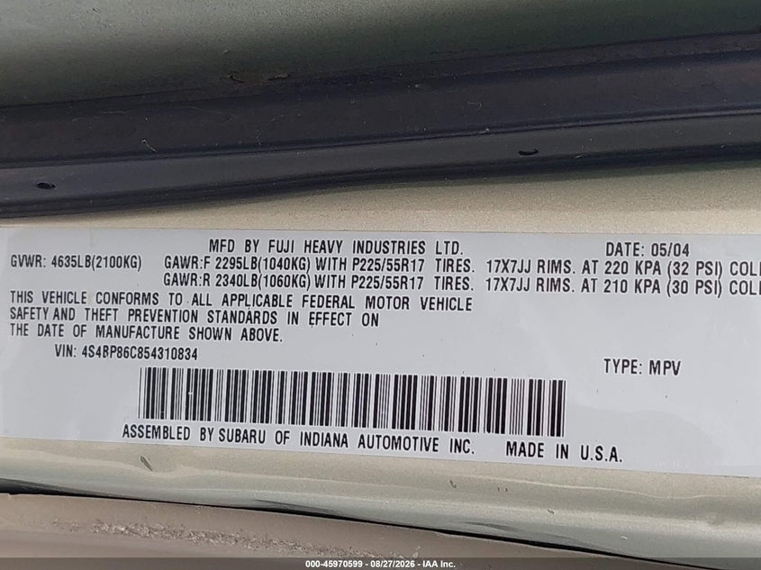 2005 SUBARU OUTBACK WAGON 3.0L H-6 DOHC, VVT, 250HP