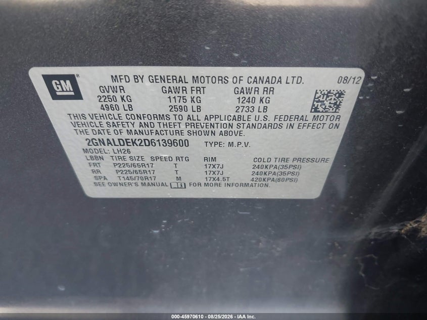 CHEVROLET EQUINOX 2013 VIN 2GNALDEK2D6139600