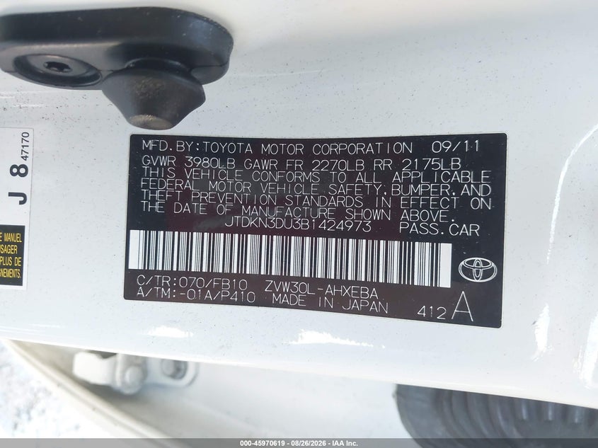 TOYOTA PRIUS 2011 VIN JTDKN3DU3B1424973
