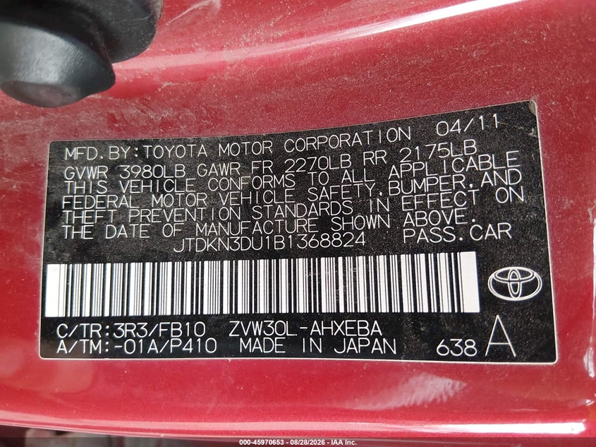 TOYOTA PRIUS 2011 VIN JTDKN3DU1B1368824