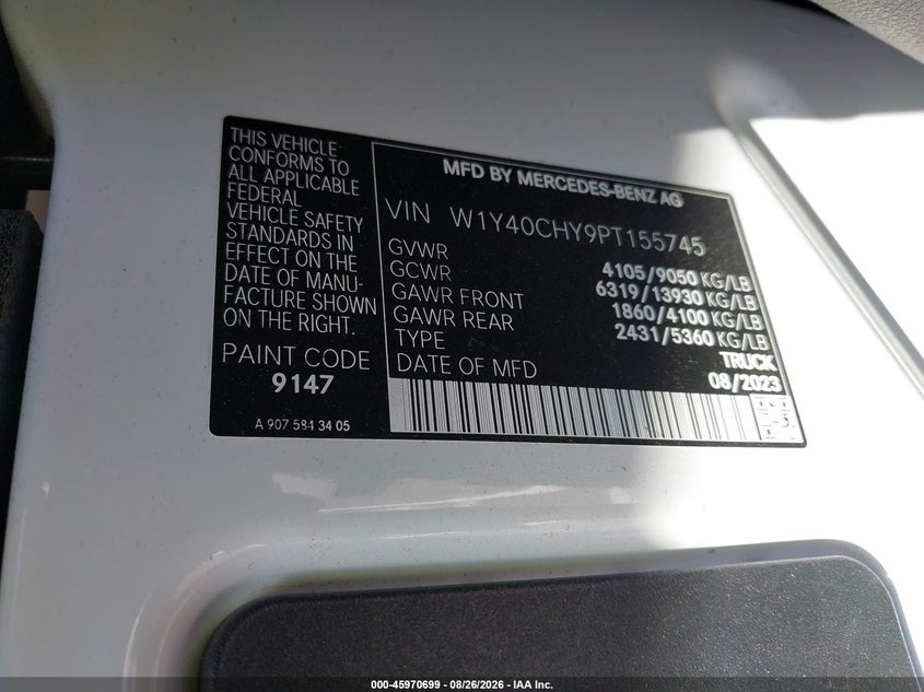 MERCEDES-BENZ SPRINTER 2500 2023 VIN W1Y40CHY9PT155745