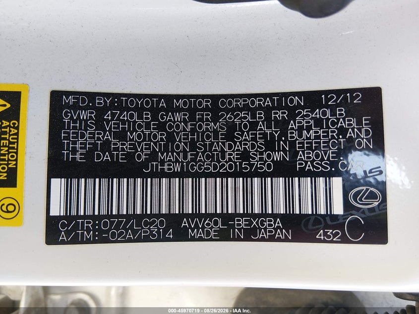 LEXUS ES 300H 2013 VIN JTHBW1GG5D2015750