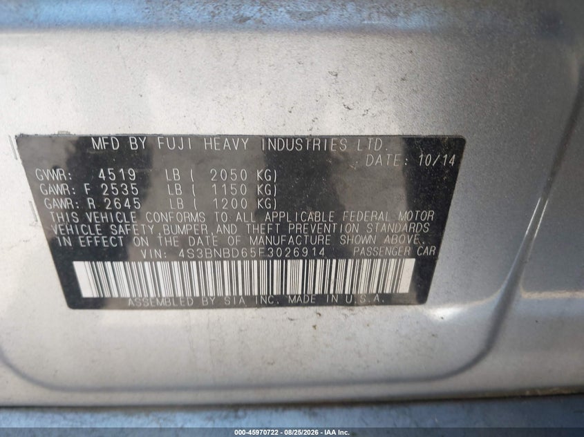 SUBARU LEGACY 2015 VIN 4S3BNBD65F3026914