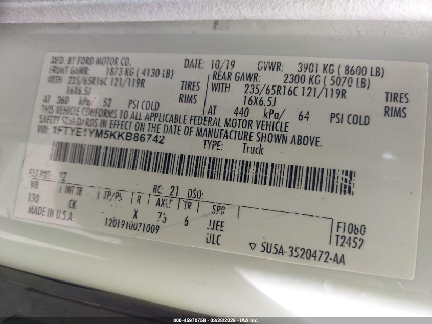 FORD TRANSIT-150 2019 VIN 1FTYE1YM5KKB86742
