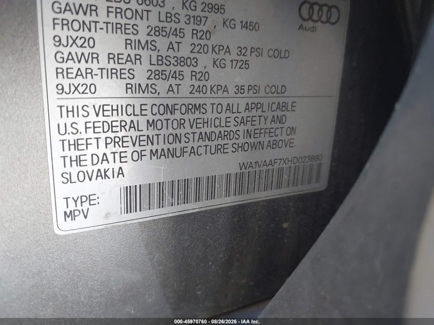 AUDI Q7 2017 VIN WA1VAAF7XHD023880