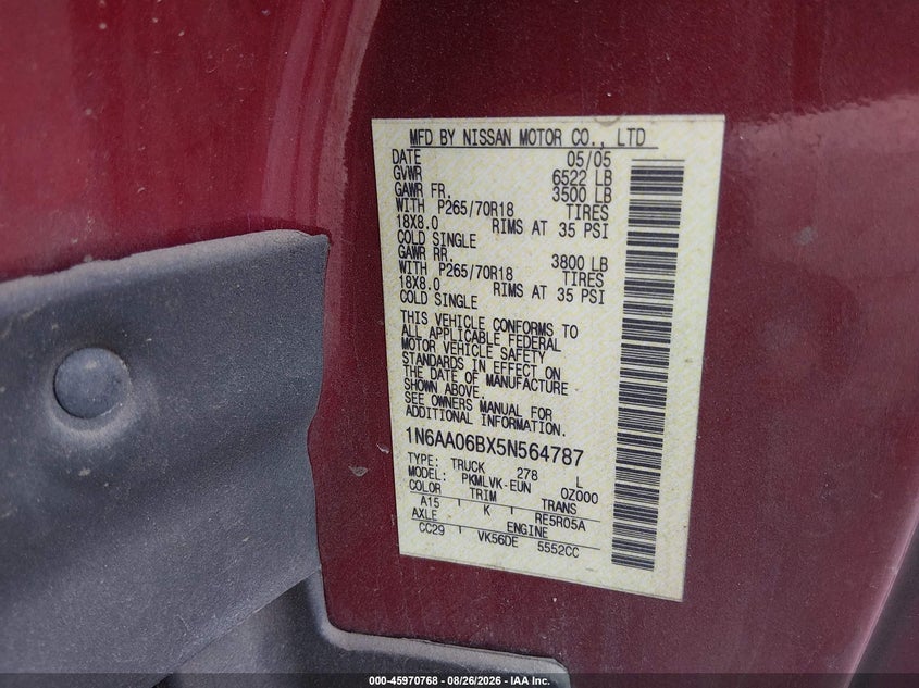 NISSAN TITAN 2005 VIN 1N6AA06BX5N564787