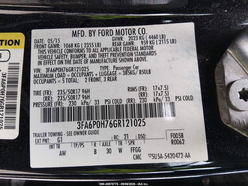 2016 FORD FUSION SEDAN 2.5L I-4 DOHC, VVT, REGULAR , 175HP