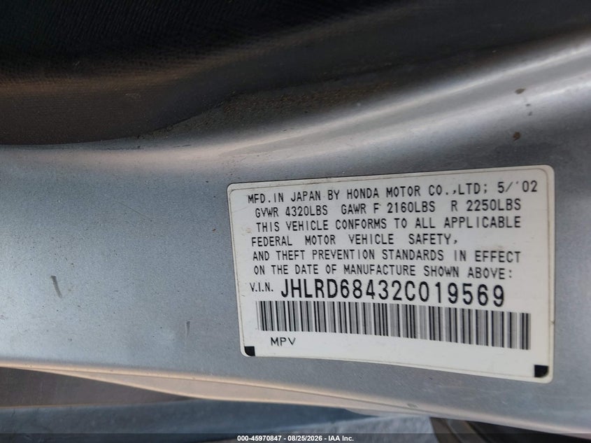 HONDA CR-V 2002 VIN JHLRD68432C019569