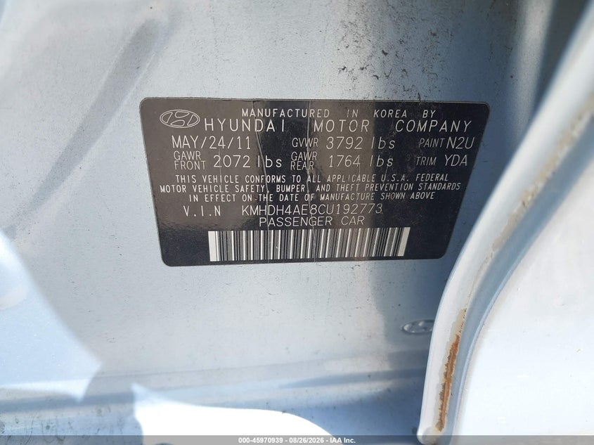 HYUNDAI ELANTRA 2012 VIN KMHDH4AE8CU192773