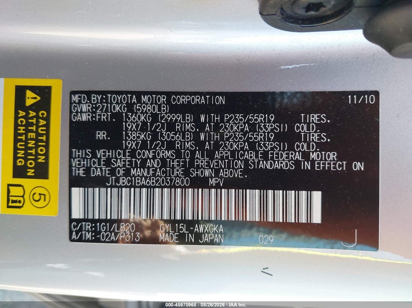 LEXUS RX 450H 2011 VIN JTJBC1BA6B2037800