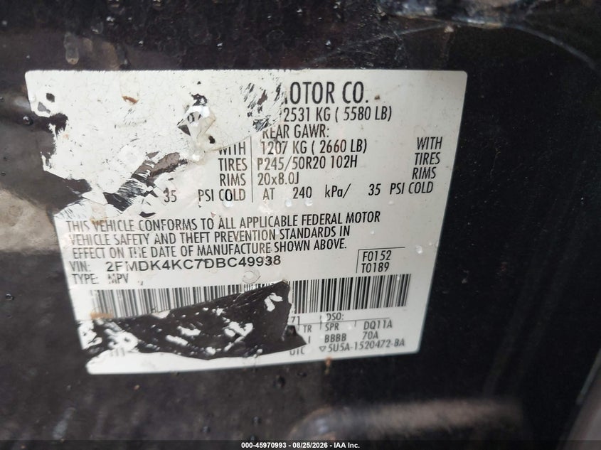 FORD EDGE 2013 VIN 2FMDK4KC7DBC49938
