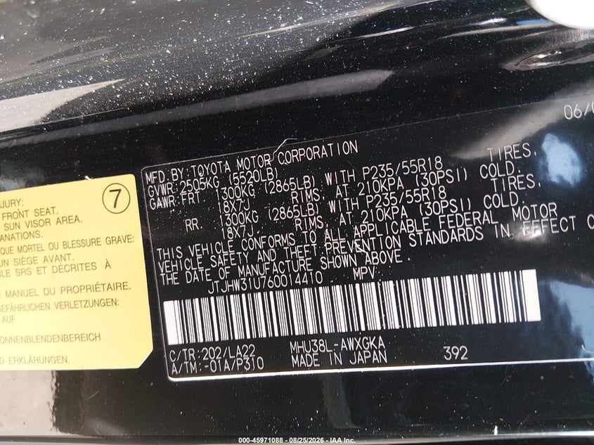 LEXUS RX 400H 2006 VIN JTJHW31U760014410