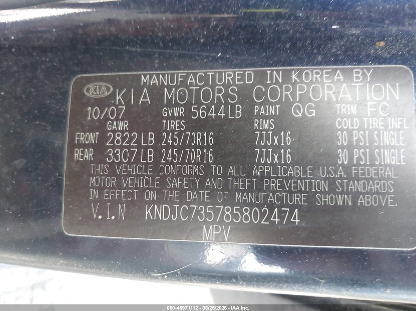 KIA SORENTO 2008 VIN KNDJC735785802474