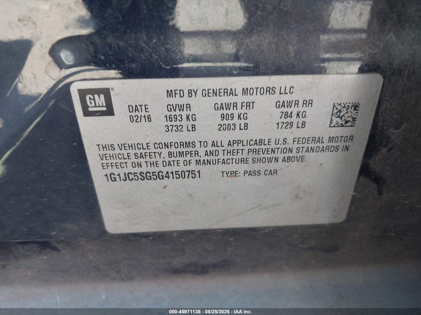 2016 CHEVROLET SONIC SEDAN 1.8L I-4 DOHC, VVT, REGULAR , 138HP