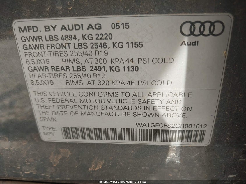AUDI Q3 2016 VIN WA1GFCFS2GR001612