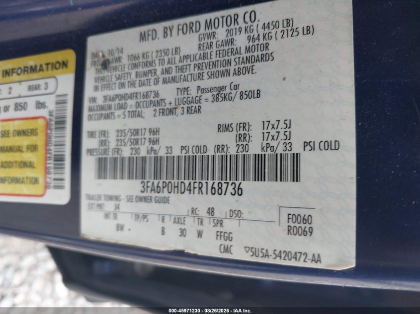 FORD FUSION 2015 VIN 3FA6P0HD4FR168736