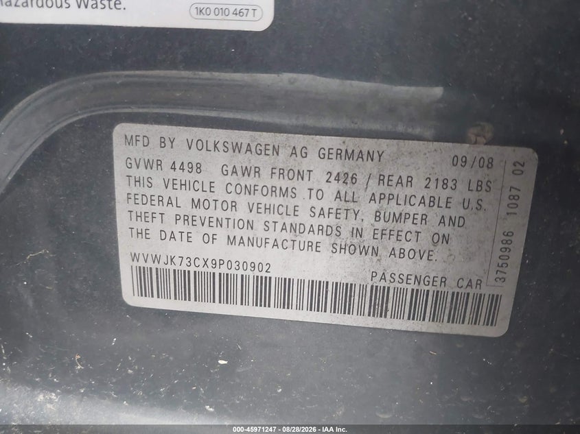 VOLKSWAGEN PASSAT 2009 VIN WVWJK73CX9P030902